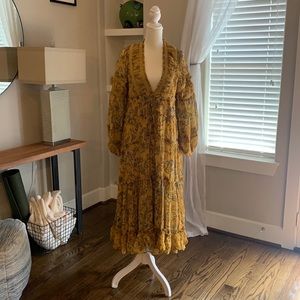 Free People Mustard Floral Tiered Maxi Cassis Chiffon Dress